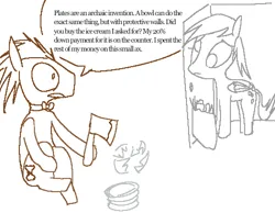 Size: 500x387 | Tagged: safe, artist:deltasst, derpibooru import, derpy hooves, doctor whooves, pony, g4, axe, dialogue, door, groceries, image, plate, png, simple background, speech bubble, weapon
