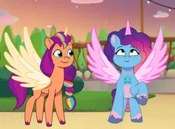 Size: 1041x767 | Tagged: safe, artist:awesomegamedude10, derpibooru import, misty brightdawn, sunny starscout, alicorn, pony, g5, my little pony: a new generation, alicornified, duo, duo female, female, image, jpeg, mane stripe sunny, mare, mistycorn, outdoors, race swap, rebirth misty, sunnycorn