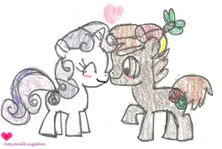 Size: 959x646 | Tagged: safe, artist:amyandluigifan, derpibooru import, button mash, sweetie belle, earth pony, pony, unicorn, g4, blushing, boop, female, horn, image, jpeg, male, noseboop, nuzzling, ship:sweetiemash, shipping, simple background, straight, traditional art, white background