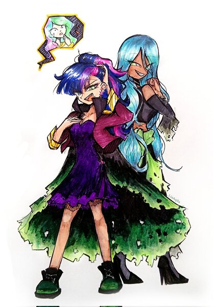 Size: 1424x2048 | Tagged: safe, artist:liaaqila, derpibooru import, princess celestia, queen chrysalis, twilight sparkle, human, g4, alternate hairstyle, clothes, commission, corrupted, dress, duo focus, evil, evil grin, female, grin, high heels, humanized, image, jacket, jpeg, leather, leather jacket, offscreen character, open mouth, shirt, shocked, shoes, simple background, smiling, sneakers, torn clothes, traditional art, trio, trio female, white background