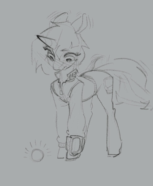 Size: 1070x1300 | Tagged: safe, artist:blue ink, ponerpics import, oc, oc:littlepip, unofficial characters only, pony, unicorn, fallout equestria, ball, blushing, clothes, eye clipping through hair, eyebrows visible through hair, fallout, female, floppy ears, gray background, image, jpeg, lip bite, looking down, mare, monochrome, motion lines, pip-boy, simple background, sketch, solo, standing, tail wag, unicorn horn, unicorn oc, vault suit