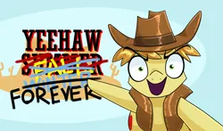 Size: 1994x1173 | Tagged: safe, artist:moonatik, derpibooru import, braeburn, earth pony, pony, g4, abstract background, clothes, cowboy hat, hat, image, male, png, pointing, solo, stallion, text, vest