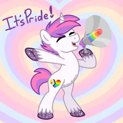 Size: 3000x3000 | Tagged: safe, artist:edgelordhedgelord, derpibooru import, oc, oc:rainbow soul, unofficial characters only, pony, unicorn, g4, abstract background, glitter hooves, hoof polish, horn, image, male, megaphone, png, politics, pride, pride month, pride ponies, show accurate, solo, stallion, unicorn oc