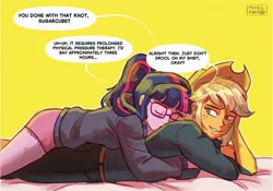 Size: 1723x1205 | Tagged: safe, artist:pixelpub, derpibooru import, applejack, sci-twi, twilight sparkle, human, equestria girls, g4, clothes, dialogue, duo, duo female, eyes closed, female, grin, hoodie, hug, hug from behind, image, lesbian, lidded eyes, looking back, lying down, no pupils, noise, png, prone, ship:sci-twijack, ship:twijack, shipping, shorts, smiling, speech bubble