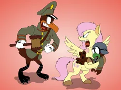Size: 1600x1183 | Tagged: safe, artist:stinkek, derpibooru import, fluttershy, anthro, avian, bird, owl, pegasus, pony, unguligrade anthro, vulture, g4, 1943, 2015, angry, army, army helmet, assistant, black skin, brown hooves, brown tail, cartoon, clothes, commander, confused, cutie mark, daffy - the commando, deviantart, equine, female, german, germany, gradient background, green clothes, green hat, hasbro, hat, helmet, holding, holding someone, holding something, hooves, human teeth, image, it came from deviantart, jpeg, june, looking at each other, looking at someone, looking up, looney tunes, male, mallet, mammal, military, military uniform, my little pony, national socialism, open mouth, peaked cap, pink hair, pink tail, schultz, soldier, stahlhelm, tail, teeth, this will end in violence, this will not end well, trio, uniform, von vultur, von vulture, warner brothers, weapon, yelling, yelling at each other, yellow coat, yellow hair
