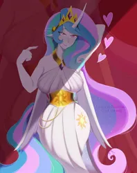 Size: 1536x1942 | Tagged: suggestive, artist:jazminuwo, derpibooru import, princess celestia, human, g4, alicorn humanization, arm behind head, big breasts, breasts, busty princess celestia, clothes, commission, cutie mark on human, dress, elf ears, eyebrows, eyebrows visible through hair, female, floating heart, heart, horn, horned humanization, humanized, image, jpeg, lidded eyes, pony coloring, side slit, smiling, solo, solo female, total sideslit, wide hips, winged humanization, wings