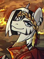 Size: 1040x1400 | Tagged: safe, artist:bunnyshrubby, derpibooru import, oc, oc:alsa vessari, unofficial characters only, zebra, equestria at war mod, arson, blue eyes, burning, bust, clothes, cloud, crown, digital art, feather, female, female oc, fire, gold, hair, image, jewelry, jpeg, laurel wreath, looking at camera, looking at you, necklace, outdoors, portrait, pyromaniac, regalia, roman, sky, smiling, smiling at you, smug, solo, sternocleidomastoid, tunic, zebra oc