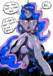 Size: 2800x4000 | Tagged: suggestive, artist:ftes_18, derpibooru import, princess luna, alicorn, anthro, plantigrade anthro, g4, arm boob squeeze, big breasts, breasts, busty princess luna, censored breasts, crossed legs, female, huge breasts, human facial structure, humanoid, image, jpeg, nudity, simple background, sitting, solo, solo female, thought bubble, white background