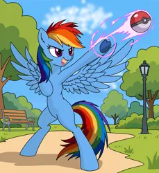 Size: 1201x1309 | Tagged: safe, artist:c083, derpibooru import, rainbow dash, pegasus, pony, g4, female, image, mare, park, png, solo, spread wings, standing on two hooves, throwing, tree, wings