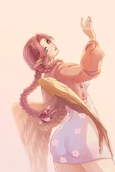 Size: 1714x2560 | Tagged: safe, artist:ijustmari, derpibooru import, fluttershy, human, g4, ass, braid, butt, ear piercing, earring, elf ears, female, humanized, image, jewelry, looking at you, piercing, png, simple background, smiling, smiling at you, solo, winged humanization, wings