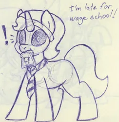 Size: 845x867 | Tagged: safe, artist:unitxxvii, derpibooru import, oc, oc:nyx, unofficial characters only, alicorn, pony, clothes, exclamation point, female, filly, foal, image, missing cutie mark, monochrome, mouth hold, necktie, pen drawing, pinpoint eyes, png, schoolgirl toast, solo, traditional art, wingless, wingless alicorn