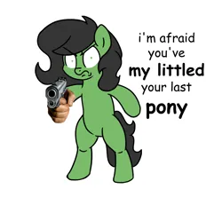 Size: 900x800 | Tagged: safe, artist:unitxxvii, derpibooru import, oc, oc:anonfilly, unofficial characters only, earth pony, pony, bipedal, delet this, female, filly, foal, frown, gun, handgun, image, looking at you, pinpoint eyes, pistol, png, pointing gun, simple background, solo, suddenly hands, text, weapon, white background
