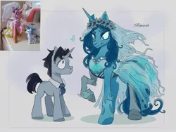Size: 2048x1536 | Tagged: safe, artist:anoraknr, derpibooru import, ponified, pony, undead, unicorn, clothes, corpse bride, dress, duo, emily (corpse bride), female, floating heart, floral head wreath, flower, heart, height difference, horn, image, jpeg, looking at each other, looking at someone, male, mare, meme, shirtless shirt collar, smiling, smiling at each other, stallion, straight, the bride and the ugly ass groom, veil, victor van dort, wedding dress, wedding veil