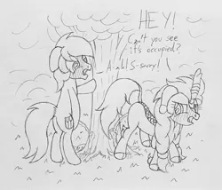 Size: 2100x1800 | Tagged: suggestive, artist:datspaniard, derpibooru import, oc, oc:thunderled, oc:verdant rush, unofficial characters only, kirin, pony, bipedal, blushing, braid, bush, female, floppy ears, grass, image, jpeg, male, mare, pissing, simple background, sketch, speech bubble, stallion, text, tree, urine, white background
