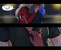 Size: 2048x1669 | Tagged: suggestive, artist:jennzcc_2, derpibooru import, applejack, rainbow dash, human, fanfic:better than revenge, g4, appledash, blushing, boob freckles, breasts, chest freckles, cleavage, clothes, comic, dialogue, fanfic art, female, freckles, hand freckles, human coloration, humanized, image, jpeg, lesbian, moderate dark skin, necktie, shipping, speech bubble, suit, sweat, undressing