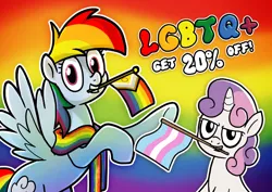 Size: 1412x1000 | Tagged: safe, artist:fimflamfilosophy, derpibooru import, rainbow dash, sweetie belle, pegasus, pony, unicorn, mentally advanced series, g4, bags under eyes, clothes, duo, duo female, female, filly, foal, grin, horn, image, jpeg, looking at you, mare, mouth hold, outline, pride, pride flag, pride month, progress pride flag, rainbow background, rearing, scarf, smiling, smiling at you, spread wings, text, thrackerzod, transgender pride flag, white outline, wings