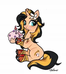 Size: 1650x1855 | Tagged: safe, artist:lilytheflowerl, derpibooru import, oc, oc:princess kirana, unofficial characters only, pony, unicorn, cake, female, food, horn, image, jpeg, simple background, solo, white background
