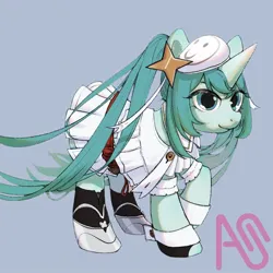 Size: 960x960 | Tagged: safe, artist:mnnbbz, derpibooru import, ponified, pony, unicorn, clothes, cute, female, hatsune miku, horn, image, jpeg, mare, pigtails, skirt, twintails, vocaloid