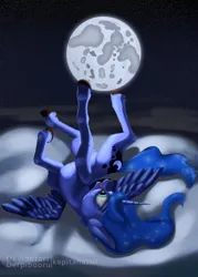 Size: 2500x3500 | Tagged: safe, artist:kapitanazot, derpibooru import, princess luna, alicorn, pony, g4, cloud, full moon, horn, image, moon, on a cloud, open mouth, png, solo, spread wings, upside down, wings