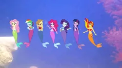 Size: 827x466 | Tagged: safe, derpibooru import, applejack, fluttershy, pinkie pie, rainbow dash, rarity, sunset shimmer, twilight sparkle, anthro, equestria girls, g4, female, fish tail, image, jpeg, looking at you, ocean, smiling, smiling at you, tail, underwater, water