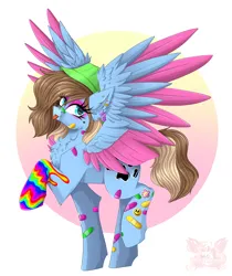 Size: 2610x3100 | Tagged: safe, artist:fire larsson, derpibooru import, oc, unofficial characters only, pegasus, pony, bandage, ear piercing, eyeshadow, female, image, makeup, panama hat, piercing, png, rainbow, solo, sticker, tongue out, wings