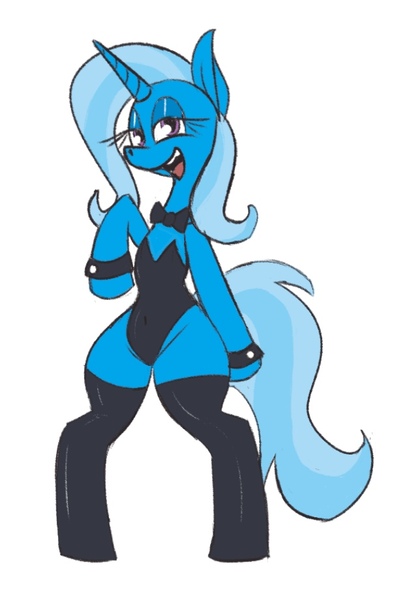 Size: 610x920 | Tagged: safe, artist:colonel queequeg, artist:n0_commento, artist:nocdoggy, derpibooru import, trixie, pony, unicorn, g4, bipedal, bowtie, bunny suit, clothes, female, horn, image, jpeg, legwear, lidded eyes, open mouth, simple background, socks, solo, thigh highs, white background, wide hips