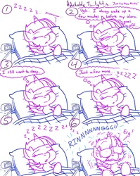 Size: 4779x6013 | Tagged: safe, artist:adorkabletwilightandfriends, derpibooru import, twilight sparkle, twilight sparkle (alicorn), alicorn, comic:adorkable twilight and friends, g4, adorkable, adorkable twilight, alarm clock, alarmed, awake, bed, bedsheets, blanket, clock, comic, cute, dork, expression, eyes closed, image, jewelry, one eye open, pillow, png, relatable, ring, scared, sleeping, sleepy, slice of life, surprised