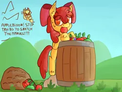 Size: 3600x2700 | Tagged: safe, artist:stephaniethecrepe, derpibooru import, apple bloom, earth pony, pony, g4, apple, bag, barrel, food, grass, image, mountain, png, rock, solo, sweat, sweatdrop, text, zap apple