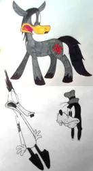 Size: 853x1561 | Tagged: safe, derpibooru import, ponified, anthro, bird, dog, duck, pony, wolf, 1942, 2013, adolf duckler, adolf wolf, black fur, black hair, black skin, colored, crossover, cutie mark, disembodied head, disney, full color, goofy (disney), gray coat, gray fur, gray hair, hakenkreuz, hitler duck, hitler moustache, image, january, looking at someone, looking back, looney tunes, metro-goldwyn-mayer, mickey mouse, monochrome, national socialism, png, scared, swastika, trio, unamused, warner brothers, white feathers