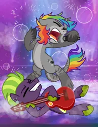 Size: 1663x2155 | Tagged: safe, artist:edgelordhedgelord, derpibooru import, oc, oc:gizmo, oc:toxic rox, unofficial characters only, earth pony, unicorn, g4, abstract background, artfight, bipedal, earth pony oc, green hooves, guitar, horn, image, lip piercing, mohawk, multicolored hair, musical instrument, piercing, png, rainbow hair, real life background, rockstar, show accurate, singing, unicorn oc