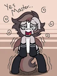 Size: 320x430 | Tagged: safe, artist:starbounce, derpibooru import, oc, oc:news flash, bat pony, pony, g4, bat pony oc, bat wings, blushing, brainwashing, clothes, collar, dialogue, drop shadow, emanata, female, hypnosis, image, looking at you, mare, mind control, png, shadow, signature, simple background, smiling, socks, solo, swirly eyes, text, wings