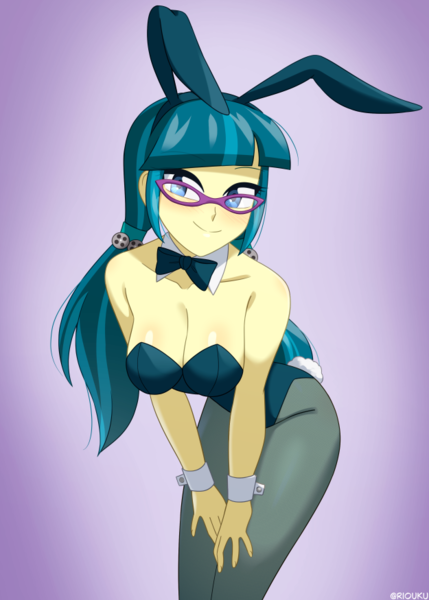 Size: 625x875 | Tagged: safe, artist:riouku, derpibooru import, juniper montage, human, equestria girls, g4, 2d, bangs, bare shoulders, bowtie, breasts, bunny ears, bunny suit, bunny tail, busty juniper montage, cleavage, clothes, female, fingernails, glasses, image, looking at you, nails, png, smiling, smiling at you, solo, tail, wrist cuffs