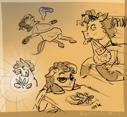 Size: 2700x2500 | Tagged: safe, artist:rasmary, derpibooru import, oc, oc:cookie cheetos, unofficial characters only, earth pony, pony, fallout equestria, 2026, apple, curly mane, cute, english, food, freckles, image, lying down, male, meme, orange, png, running, simple background, sketch, smiling, solo, stallion, stallion oc, sunglasses, text, two toned mane