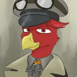 Size: 2000x2000 | Tagged: safe, artist:acey, derpibooru import, oc, oc:gustav rivstal, unofficial characters only, gryphon, equestria at war mod, beak, bust, clothes, goggles, griffon oc, hat, image, iron cross, jacket, looking at camera, looking at you, male, male oc, medal, military, military uniform, peaked cap, pilot, png, portrait, smiling, uniform