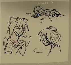 Size: 2700x2500 | Tagged: semi-grimdark, artist:rasmary, derpibooru import, oc, oc:kombucha, unofficial characters only, pegasus, pony, fallout equestria, bust, depressed, english, feather, feathered wings, fuck you, full body, futa, half body, herm, image, intersex, lying down, png, prosthetic jaw, prosthetics, russian description, scar, sketch, slur, solo, wing hands, wings