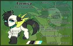Size: 4376x2746 | Tagged: safe, artist:namelessplaza, derpibooru import, oc, unofficial characters only, changeling, pony, adoptable, antennae, blue eyes, collar, fangs, gradient background, image, makeup, png, reference, reference sheet, skull, solo, text, vitiligo