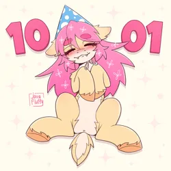 Size: 1919x1919 | Tagged: safe, artist:javafluffy, derpibooru import, oc, unofficial characters only, earth pony, pony, anus, blushing, eyebrows, eyebrows visible through hair, fangs, female, hat, image, mare, milestone, nudity, party hat, png, simplistic anus, smiling, solo