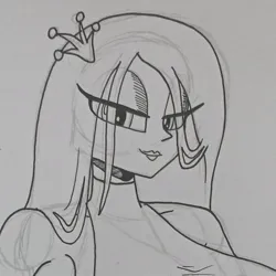 Size: 1027x1028 | Tagged: safe, artist:spartanmora, derpibooru import, queen chrysalis, human, equestria girls, g4, big breasts, breasts, bust, busty queen chrysalis, equestria girls-ified, eye clipping through hair, female, grayscale, image, jpeg, lidded eyes, lipstick, looking at you, monochrome, pencil drawing, seductive look, sketch, smiling, smiling at you, solo, traditional art