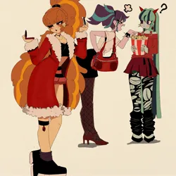 Size: 2080x2080 | Tagged: safe, artist:kite_star12, derpibooru import, adagio dazzle, aria blaze, sonata dusk, human, g4, bag, blushing, breasts, choker, cleavage, clothes, compact, ear piercing, earring, eating, fishnet clothing, fishnets, food, garter, handbag, humanized, image, jacket, jewelry, jpeg, legwear, piercing, question mark, ripped stockings, simple background, skirt, stockings, the dazzlings, thigh highs, torn clothes, trio