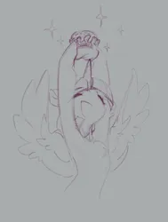 Size: 1247x1650 | Tagged: safe, artist:blue ink, ponerpics import, twilight sparkle, twilight sparkle (alicorn), alicorn, pony, burger, chest fluff, eye clipping through hair, eyebrows visible through hair, eyes closed, female, floppy ears, food, gray background, happy, image, jpeg, mare, monochrome, open smile, pegasus wings, raised hoof, raised hooves, simple background, sketch, solo, sparkles, spread wings, unicorn horn, wings