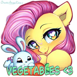 Size: 1000x1000 | Tagged: safe, artist:chaosangeldesu, derpibooru import, angel bunny, fluttershy, pegasus, pony, rabbit, g4, animal, blushing, bust, carrot, food, heart, heart eyes, image, jpeg, looking at you, portrait, tongue out, wingding eyes