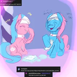Size: 2000x2000 | Tagged: safe, artist:wild180, derpibooru import, aloe, lotus blossom, earth pony, pony, g4, accessory, background pony, blue coat, blue mane, blushing, chatting, cleaning, cloth, colored, colored sketch, duo, eyes closed, female, giggling, hairband, happy, head cloth, image, jewelry, laughing, my little pony, neckband, necklace, pillar, pink coat, pink mane, png, request, requested art, siblings, signature, sisters, sketch, smiling, spa, spa pony, spa twins, talking, washcloth, water, working