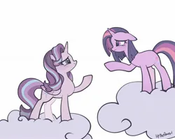 Size: 2048x1628 | Tagged: safe, artist:lilytheflowerl, derpibooru import, starlight glimmer, twilight sparkle, alicorn, pony, unicorn, g4, the cutie re-mark, alicornified, alternate cutie mark, cloud, duo, duo female, female, floppy ears, horn, image, jpeg, looking at each other, looking at someone, my little pony, on a cloud, race swap, raised hoof, reaching, role reversal, simple background, smiling, smiling at someone, starlicorn, unicorn twilight, xk-class end-of-the-world scenario