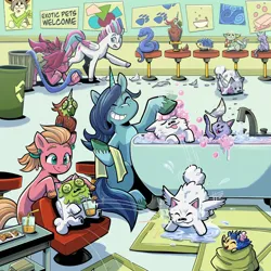 Size: 1440x1439 | Tagged: safe, artist:natalie haines, derpibooru import, idw, official, cloudpuff, unnamed character, unnamed pony, zipp storm, bird, cat, dog, earth pony, hedgehog, parrot, pegasus, pomeranian, pony, snake, unicorn, g5, spoiler:comic, spoiler:g5comic, bath, bathtub, bubble, chrysanthemum, cucumber, feather, female, flying pomeranian, food, grooming, horn, image, indoors, mare, mud mask, my little pony: case of the missing puff, official comic, pet, png, reference, shampoo, soap, sonic the hedgehog, sonic the hedgehog (series), unshorn fetlocks, winged dog, wings