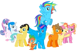Size: 1095x730 | Tagged: safe, artist:sonicstreak5344, derpibooru import, li'l cheese, luster dawn, princess flurry heart, oc, oc:apple crush, oc:flutter aid, oc:quazelight sparkle, oc:radiant spark, oc:rainbow blitz, oc:spirk the dragon, alicorn, earth pony, hybrid, pegasus, pony, unicorn, the last problem, horn, hybrid oc, image, interspecies offspring, male, next generation, offspring, parent:cheese sandwich, parent:discord, parent:flash sentry, parent:fluttershy, parent:pinkie pie, parent:rainbow dash, parent:soarin', parent:twilight sparkle, parents:canon x oc, parents:cheesepie, parents:discoshy, parents:flashlight, parents:soarindash, png, stallion, stallion oc