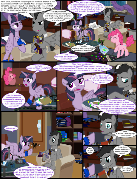 Size: 1042x1358 | Tagged: safe, artist:dendoctor, derpibooru import, doctor whooves, mean twilight sparkle, pinkie pie, twilight sparkle, twilight sparkle (alicorn), alicorn, earth pony, pegasus, pony, comic:clone.., g4, alternate universe, clone, clothes, comic, image, indoors, jpeg, pinkie clone