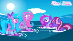 Size: 1192x670 | Tagged: safe, artist:zslnews, derpibooru import, oc, oc:angel sparkle, oc:melody heartbeat sparkle, oc:sandy sparkle, oc:summer swell, unofficial characters only, alicorn, unicorn, alicorn oc, female, horn, image, jpeg, ocean, summer, surfboard, surfing, unicorn oc, water, wings