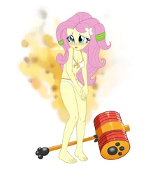 Size: 3500x4000 | Tagged: safe, artist:iloveladies2, artist:riiefu, derpibooru import, fluttershy, equestria girls, g4, bare midriff, barefoot, blushing, bra, clothes, embarrassed, embarrassed body exposure, embarrassed underwear exposure, feet, hammer, image, jpeg, nuga-cel, nuga-cel!, panties, stripped, underwear