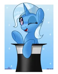 Size: 1339x1700 | Tagged: safe, artist:notadeliciouspotato, derpibooru import, trixie, pony, unicorn, g4, abstract background, female, gradient background, hat, horn, image, magic trick, mare, one eye closed, open mouth, open smile, passepartout, png, signature, smiling, top hat, wink