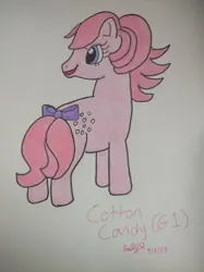 Size: 1280x1707 | Tagged: safe, artist:fantasytheunicorn, derpibooru import, cotton candy (g1), earth pony, pony, g1, bow, butt, cottondorable, cute, female, image, jpeg, mare, plot, simple background, solo, tail, tail bow, traditional art, white background
